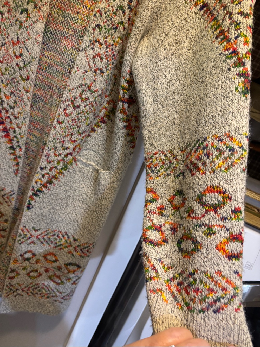 Vintage-Inspired Cream Open-Front Cardigan with Multicolor Fair Isle Accents - Picture 8 of 11